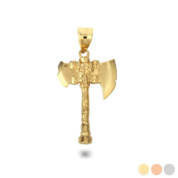 14K Solid Gold Viking Battle Axe Norse Pendant - Yellow, Rose, White